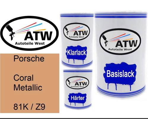 Porsche, Coral Metallic, 81K / Z9: 500ml Lackdose + 500ml Klarlack + 250ml Härter - Set, von ATW Autoteile West.
